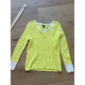 Talbots Petite Neon Yellow White Trim V-Neck Shaker Stitch Sweater size p pulove